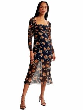 Abercrombie & Fitch Navy Mesh Midi Dress with Floral Print